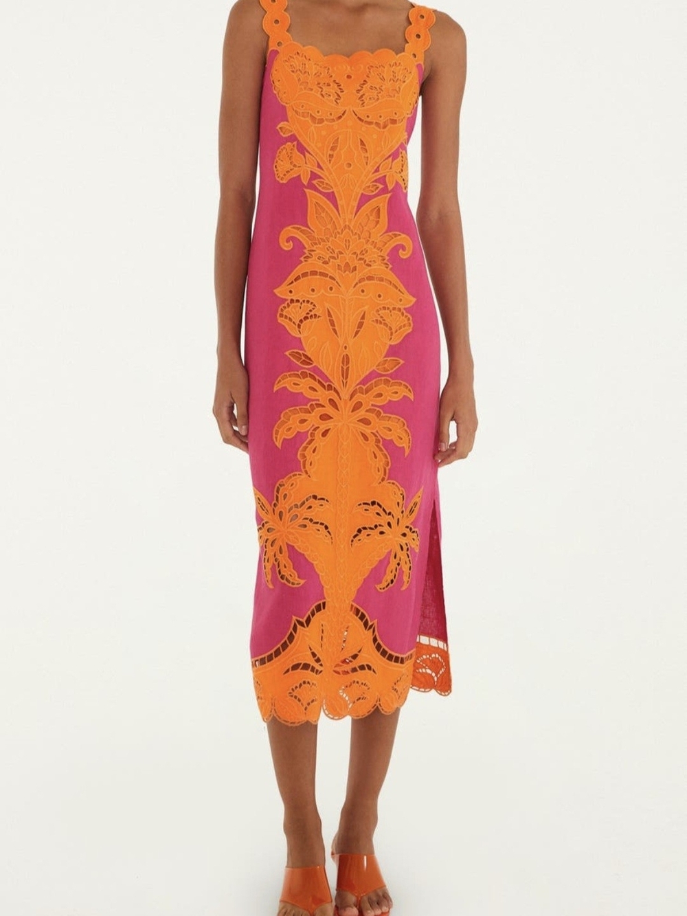 FARM Rio Pink Orange Cutwork Sleeveless Linen Midi Dress
